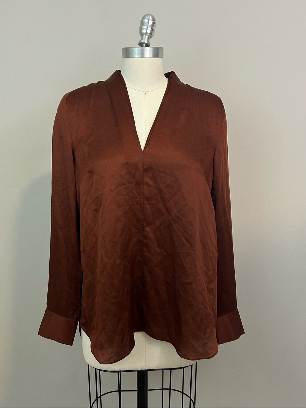 Jigsaw 100% Silk Chestnut Brown V-Neck Long Sleeve Blouse Sz 4